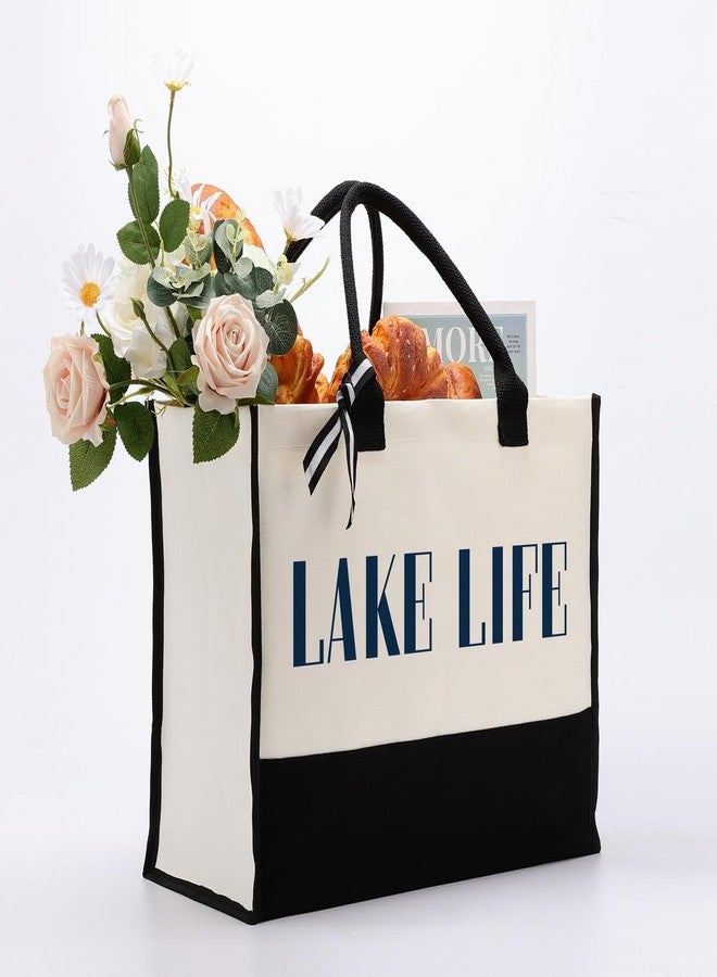 EDCTO Canvas Tote Bag, Cotton Canvas Tote Bag, Lake Trip Bag, Birthday Gifts for Women Friend Her, Canvas Tote Bags for Lake Life Lover, Canvas Beach Tote for Boating Weekend Holiday Overnight Travel - Image 3